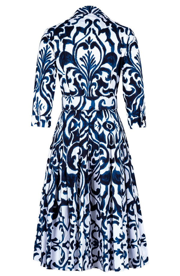 Audrey Dress #4 Shirt Collar 3/4 Sleeve Long Length Cotton Stretch (Maiolica Blue Tile)