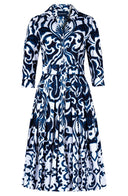 Audrey Dress #4 Shirt Collar 3/4 Sleeve Long Length Cotton Stretch (Maiolica Blue Tile)