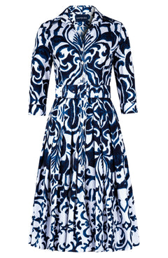 Audrey Dress #4 Shirt Collar 3/4 Sleeve Long Length Cotton Stretch (Maiolica Blue Tile)