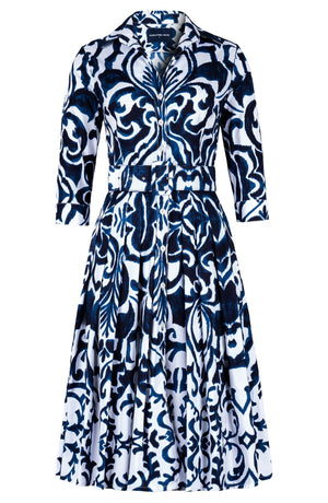 Audrey Dress #4 Shirt Collar 3/4 Sleeve Long Length Cotton Stretch (Maiolica Blue Tile)