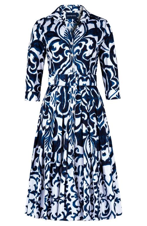 Audrey Dress #4 Shirt Collar 3/4 Sleeve Long Length Cotton Stretch (Maiolica Blue Tile)