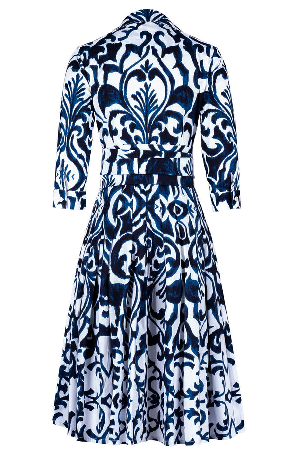 Audrey Dress #4 Shirt Collar 3/4 Sleeve Long Length Cotton Stretch (Maiolica Blue Tile)