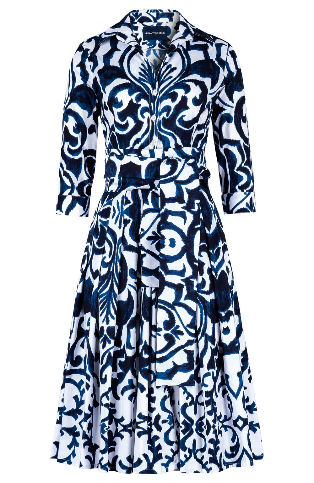 Audrey Dress #4 Shirt Collar 3/4 Sleeve Long Length Cotton Stretch (Maiolica Blue Tile)