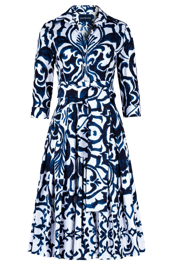 Audrey Dress #4 Shirt Collar 3/4 Sleeve Long Length Cotton Stretch (Maiolica Blue Tile)