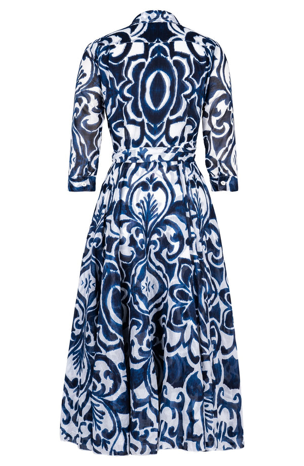 Olivia Dress Shirt Collar 3/4 Sleeve Midi Length Cotton Musola (Maiolica Blue Tile)