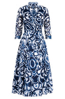 Olivia Dress Shirt Collar 3/4 Sleeve Midi Length Cotton Musola (Maiolica Blue Tile)