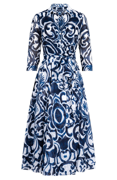 Olivia Dress Shirt Collar 3/4 Sleeve Midi Length Cotton Musola (Maiolica Blue Tile)