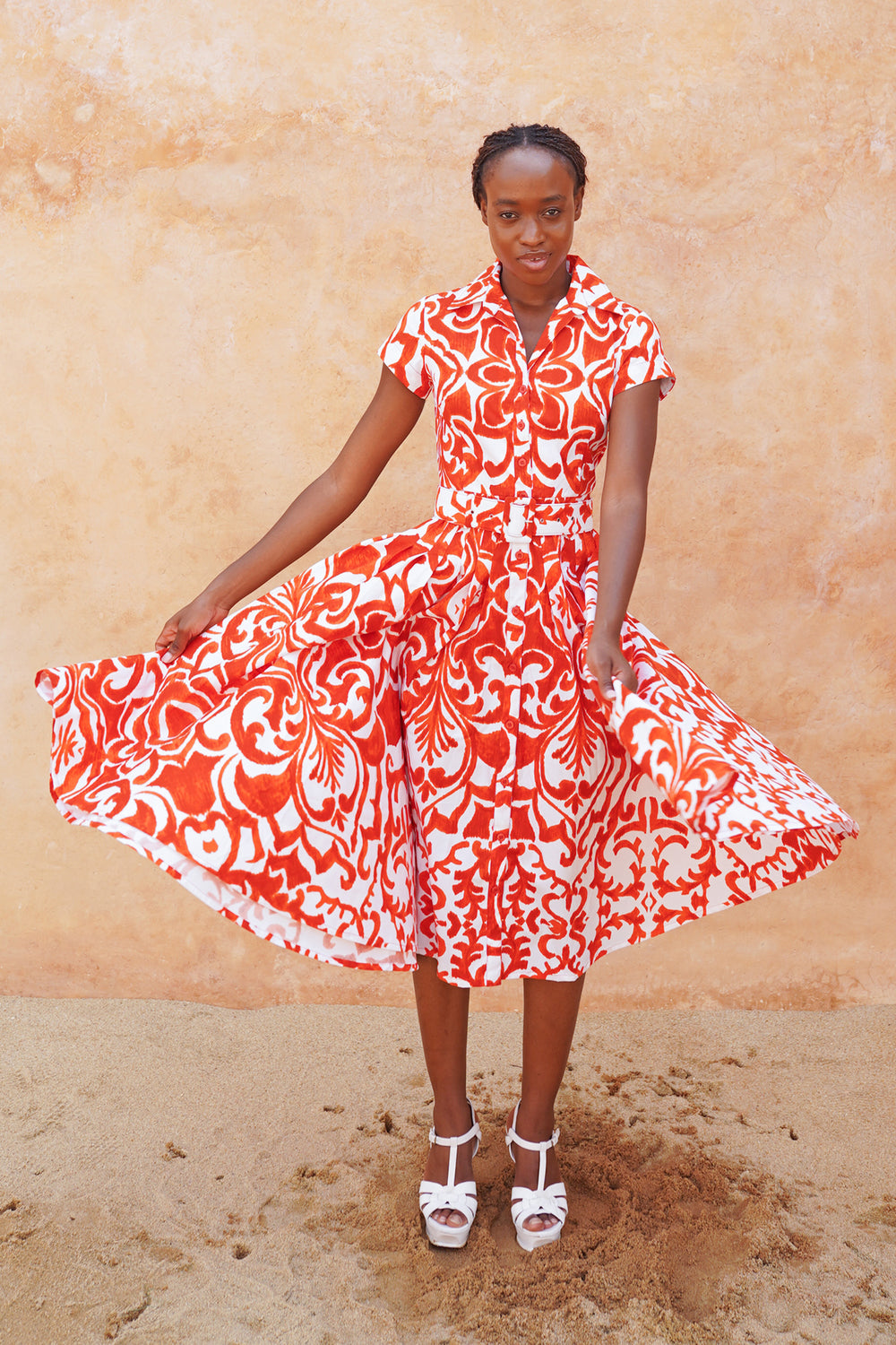 Amber Dress Shirt Collar Short Cap Sleeve Midi Length Cotton Stretch (Maiolica Blue Tile Small)