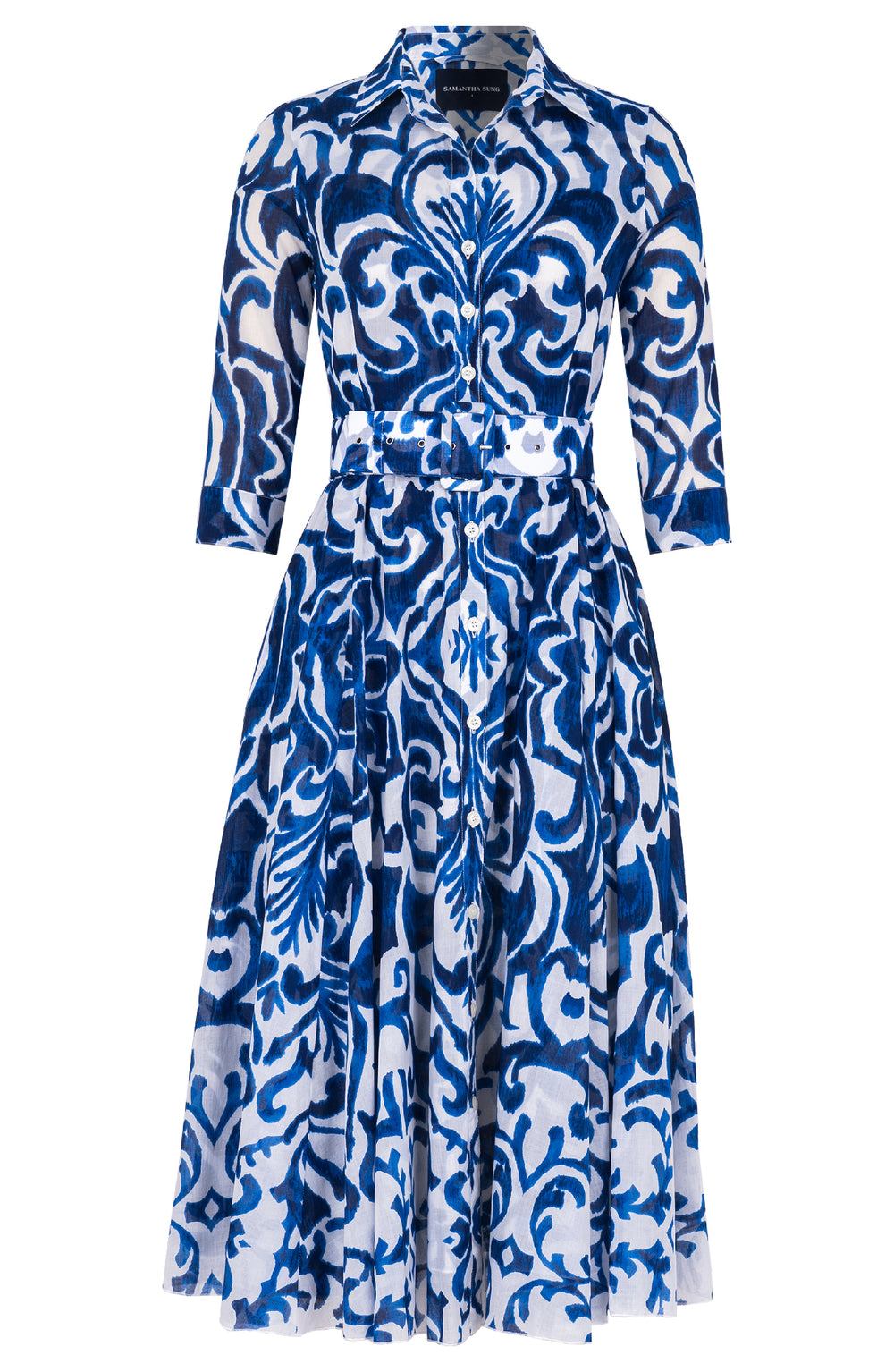 Aster Dress Shirt Collar 3/4 Sleeve Midi Length Cotton Musola (Maiolica Blue Tile)