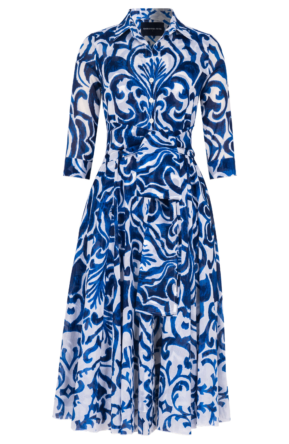 Aster Dress Shirt Collar 3/4 Sleeve Midi Length Cotton Musola (Maiolica Blue Tile)