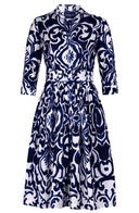 Audrey Dress #2 Shirt Collar 3/4 Sleeve Long Length Cotton Stretch (Maiolica Blue Tile)