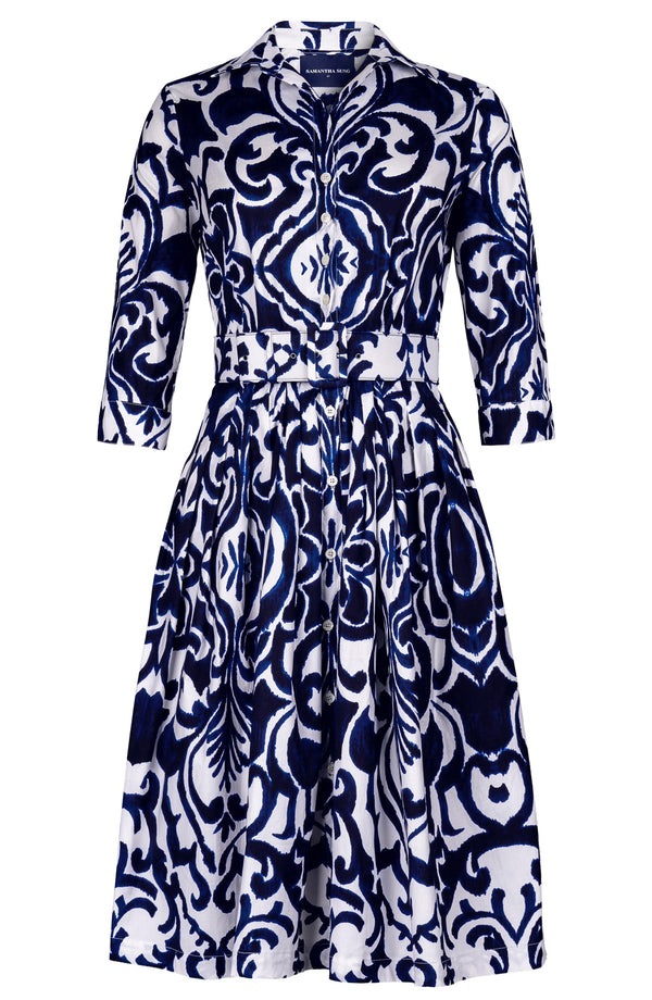 Audrey Dress #2 Shirt Collar 3/4 Sleeve Long Length Cotton Stretch (Maiolica Blue Tile)