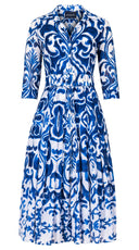 Audrey Dress #4 Shirt Collar 3/4 Sleeve Midi Length Cotton Musola (Maiolica Blue Tile Small)
