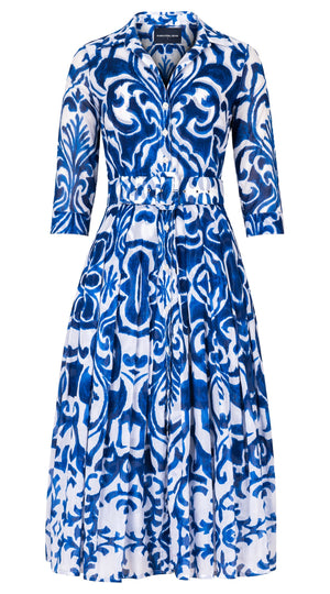 Audrey Dress #4 Shirt Collar 3/4 Sleeve Midi Length Cotton Musola (Maiolica Blue Tile Small)