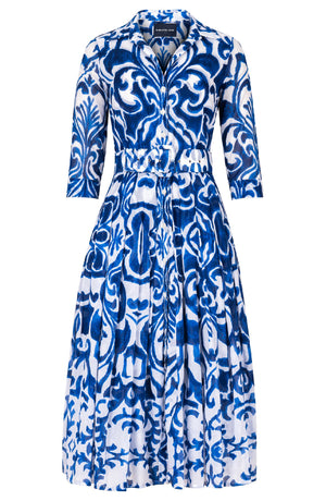 Audrey Dress #4 Shirt Collar 3/4 Sleeve Midi Length Cotton Musola (Maiolica Blue Tile)