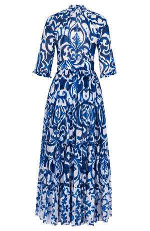 Eva Dress Crew Neck 3/4 Sleeve Maxi Length Cotton Musola (Maiolica Blue Tile)