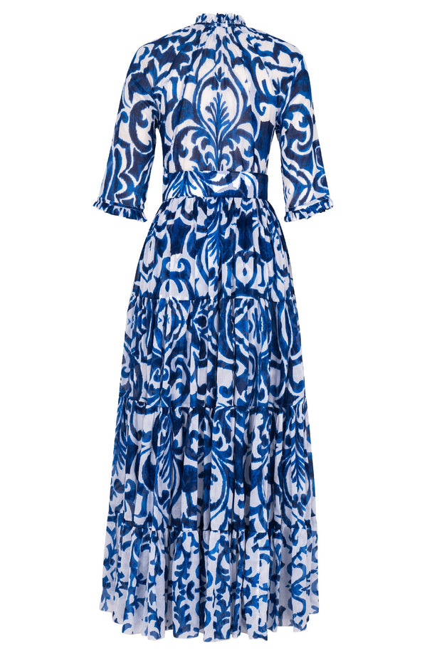 Eva Dress Crew Neck 3/4 Sleeve Maxi Length Cotton Musola (Maiolica Blue Tile)