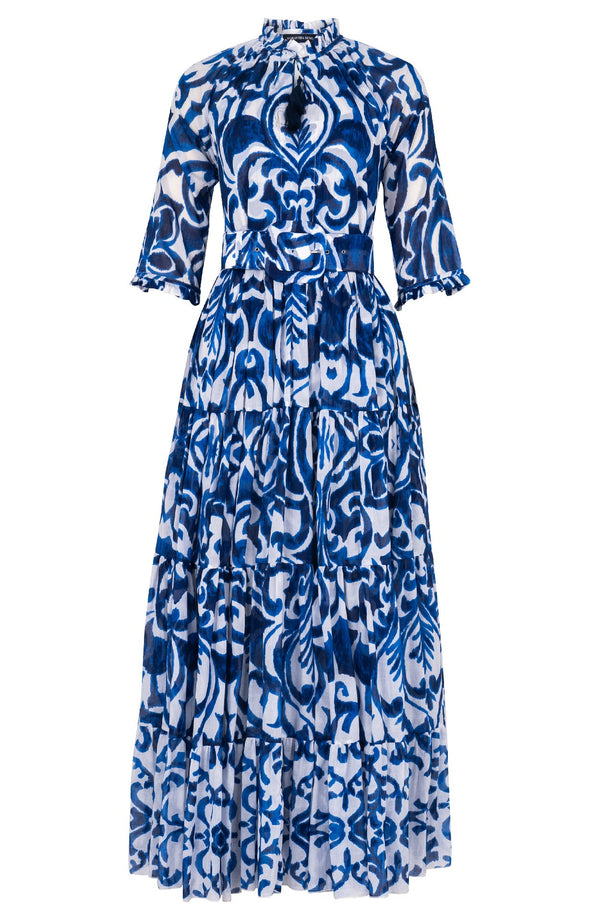 Eva Dress Crew Neck 3/4 Sleeve Maxi Length Cotton Musola (Maiolica Blue Tile)