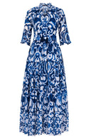 Eva Dress Crew Neck 3/4 Sleeve Maxi Length Cotton Musola (Maiolica Blue Tile)