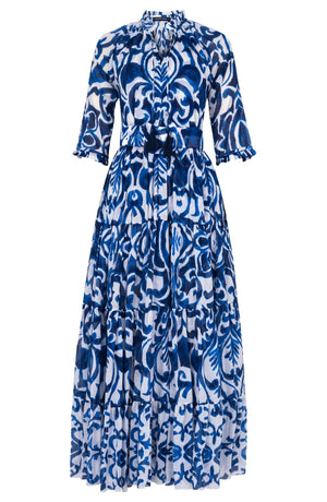 Eva Dress Crew Neck 3/4 Sleeve Maxi Length Cotton Musola (Maiolica Blue Tile)
