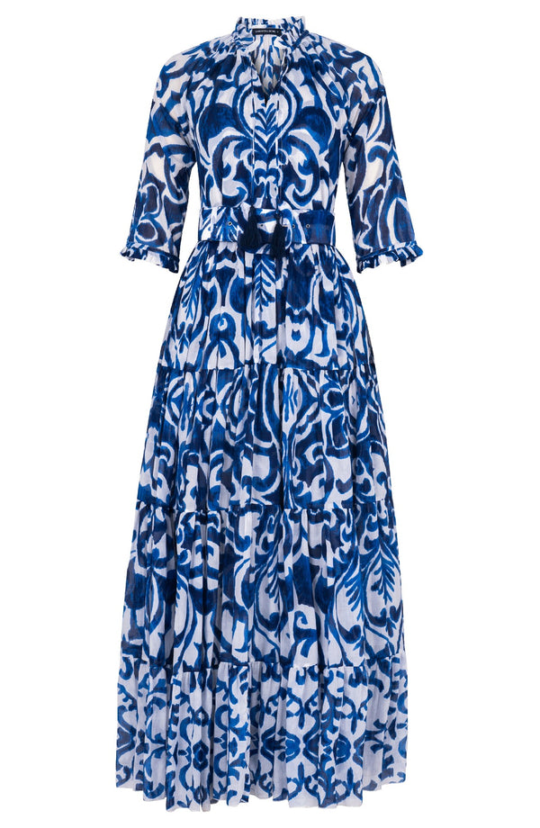 Eva Dress Crew Neck 3/4 Sleeve Maxi Length Cotton Musola (Maiolica Blue Tile)