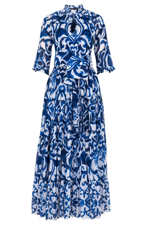 Eva Dress Crew Neck 3/4 Sleeve Maxi Length Cotton Musola (Maiolica Blue Tile)