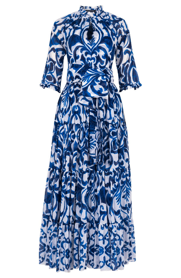 Eva Dress Crew Neck 3/4 Sleeve Maxi Length Cotton Musola (Maiolica Blue Tile)