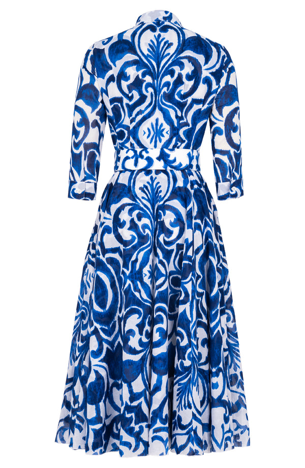 Aster Dress Shirt Collar 3/4 Sleeve Midi Length Cotton Musola (Maiolica Blue Tile)