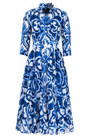 Aster Dress Shirt Collar 3/4 Sleeve Midi Length Cotton Musola (Maiolica Blue Tile)