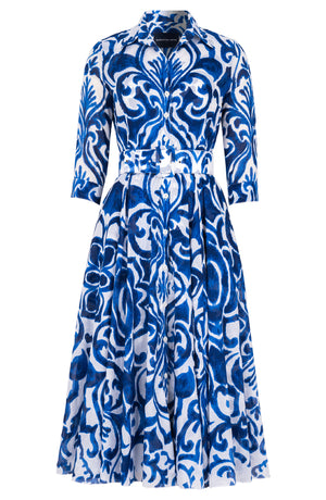 Aster Dress Shirt Collar 3/4 Sleeve Midi Length Cotton Musola (Maiolica Blue Tile)