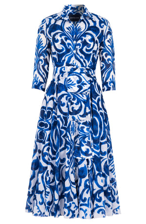 Aster Dress Shirt Collar 3/4 Sleeve Midi Length Cotton Musola (Maiolica Blue Tile)