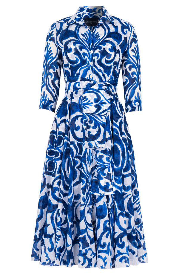 Aster Dress Shirt Collar 3/4 Sleeve Midi Length Cotton Musola (Maiolica Blue Tile)