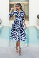 Audrey Dress #1 Shirt Collar 3/4 Sleeve Long Length Cotton Stretch (Maiolica Blue Tile Small)