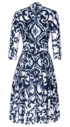 Audrey Dress #2 Shirt Collar 3/4 Sleeve Long Length Cotton Stretch (Maiolica Blue Tile Small)