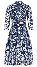 Audrey Dress #2 Shirt Collar 3/4 Sleeve Long Length Cotton Stretch (Maiolica Blue Tile Small)