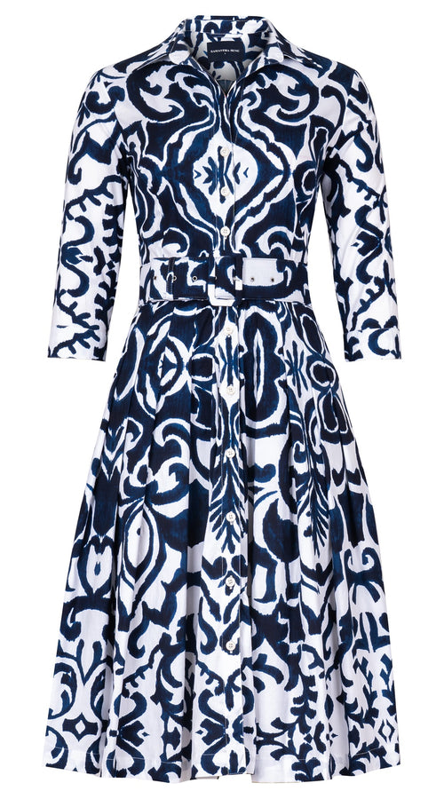 Audrey Dress #2 Shirt Collar 3/4 Sleeve Long Length Cotton Stretch (Maiolica Blue Tile Small)