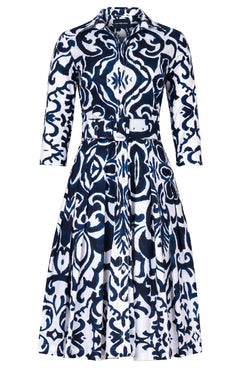 Audrey Dress #2 Shirt Collar 3/4 Sleeve Long Length Cotton Stretch (Maiolica Blue Tile)
