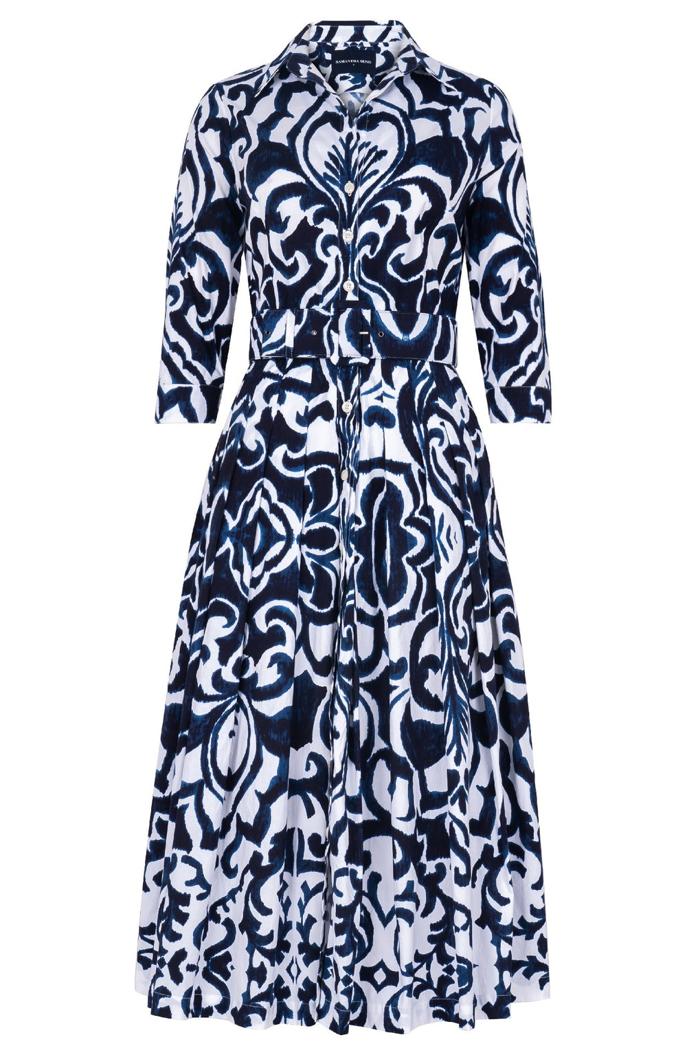 Audrey Dress #2 Shirt Collar 3/4 Sleeve Midi Length Cotton Stretch (Maiolica Blue Tile)