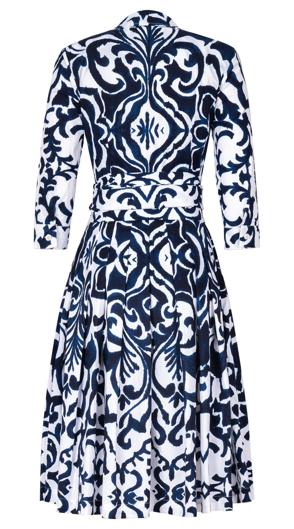 Audrey Dress #2 Shirt Collar 3/4 Sleeve Long Length Cotton Stretch (Maiolica Blue Tile Small)