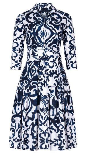 Audrey Dress #2 Shirt Collar 3/4 Sleeve Long Length Cotton Stretch (Maiolica Blue Tile Small)