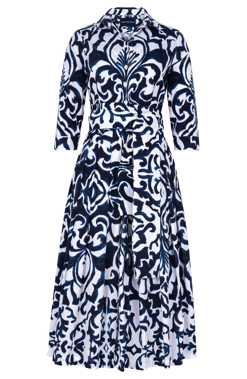 Audrey Dress #2 Shirt Collar 3/4 Sleeve Midi Length Cotton Stretch (Maiolica Blue Tile)