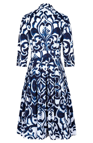 Audrey Dress #2 Shirt Collar 3/4 Sleeve Long Length Cotton Stretch (Maiolica Blue Tile)