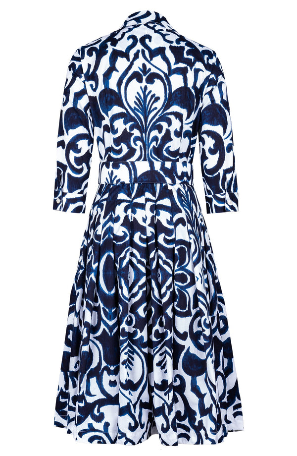 Audrey Dress #2 Shirt Collar 3/4 Sleeve Long Length Cotton Stretch (Maiolica Blue Tile)