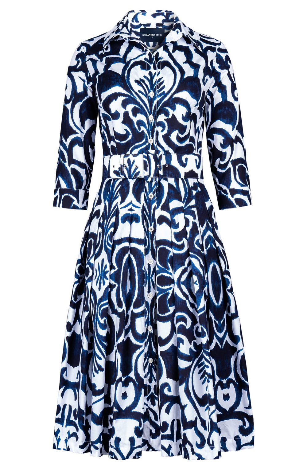 Audrey Dress #2 Shirt Collar 3/4 Sleeve Long Length Cotton Stretch (Maiolica Blue Tile)