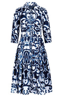 Audrey Dress #2 Shirt Collar 3/4 Sleeve Long Length Cotton Stretch (Maiolica Blue Tile)