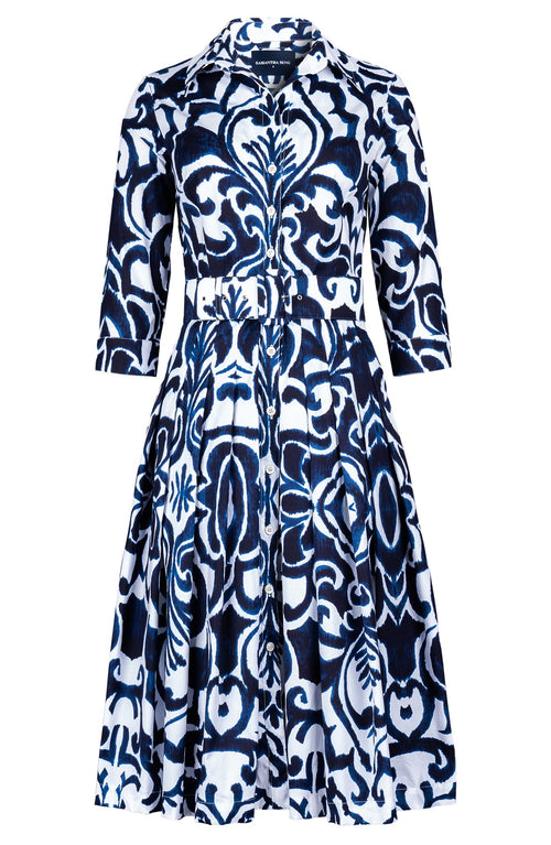 Audrey Dress #2 Shirt Collar 3/4 Sleeve Long Length Cotton Stretch (Maiolica Blue Tile)