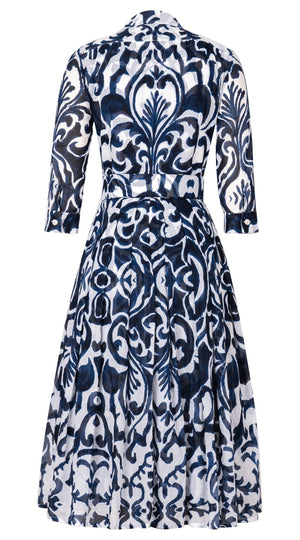 Audrey Dress #4 Shirt Collar 3/4 Sleeve Midi Length Cotton Musola (Maiolica Blue Tile Small)