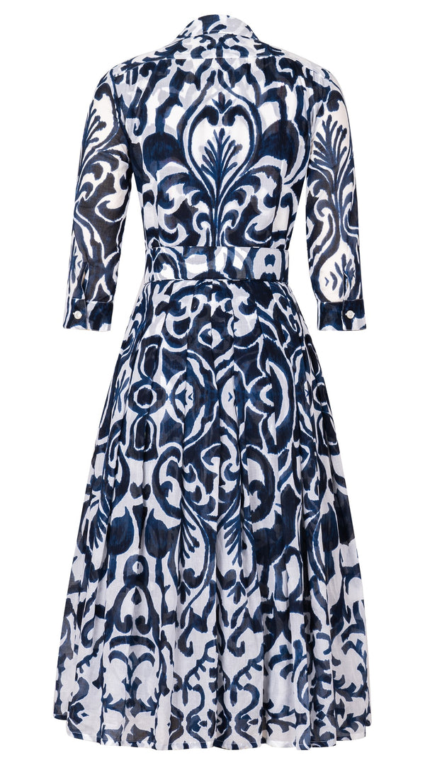 Audrey Dress #4 Shirt Collar 3/4 Sleeve Midi Length Cotton Musola (Maiolica Blue Tile Small)