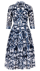 Audrey Dress #4 Shirt Collar 3/4 Sleeve Midi Length Cotton Musola (Maiolica Blue Tile Small)