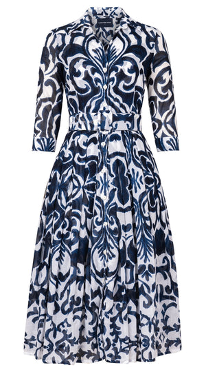 Audrey Dress #4 Shirt Collar 3/4 Sleeve Midi Length Cotton Musola (Maiolica Blue Tile Small)